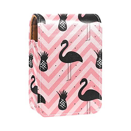 Lippenstift-Etui mit Spiegel, tropische Flamingos, rosa Wellenhintergrund, Lipgloss-Halter, tragbare Lippenstift-Aufbewahrungsbox, Reise-Make-up-Tasche, Mini-Leder-Kosmetiktasche für 3 Lippenstifte,
