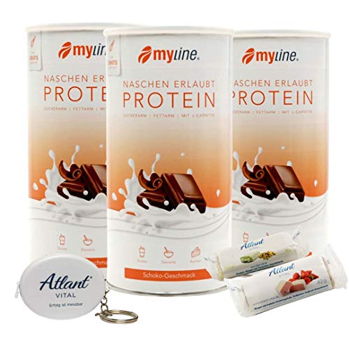 Myline Eiweiß Shake Protein Pulver 3er Pack + Atlant Vital Maßband und 2 Proteinriegel (Schoko-Schoko-Schoko)