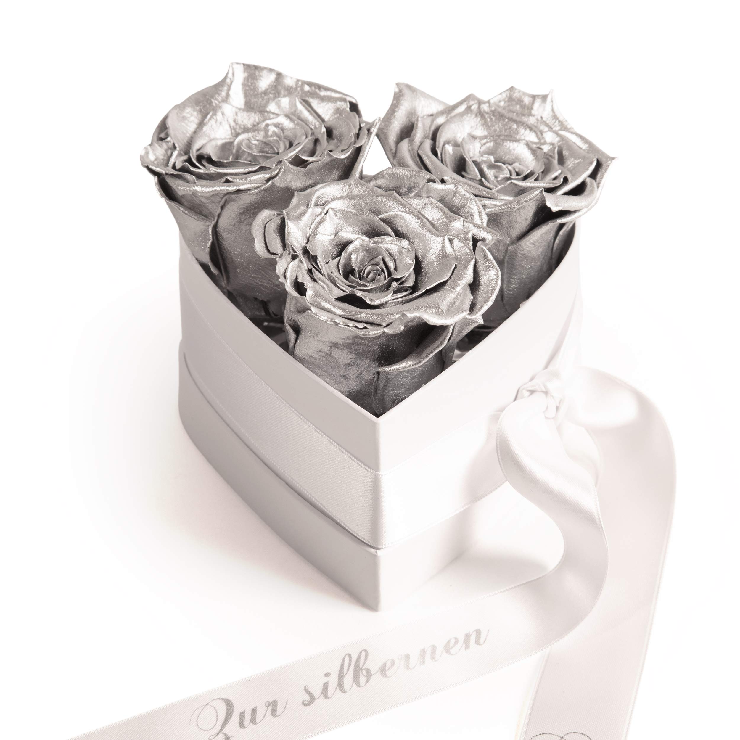 Infinity Rosenbox Silberhochzeit Geschenk Herzform Rosenherz konserviert Jubiläum 25 Jahre (Silber, 3 Infinity Rosen)