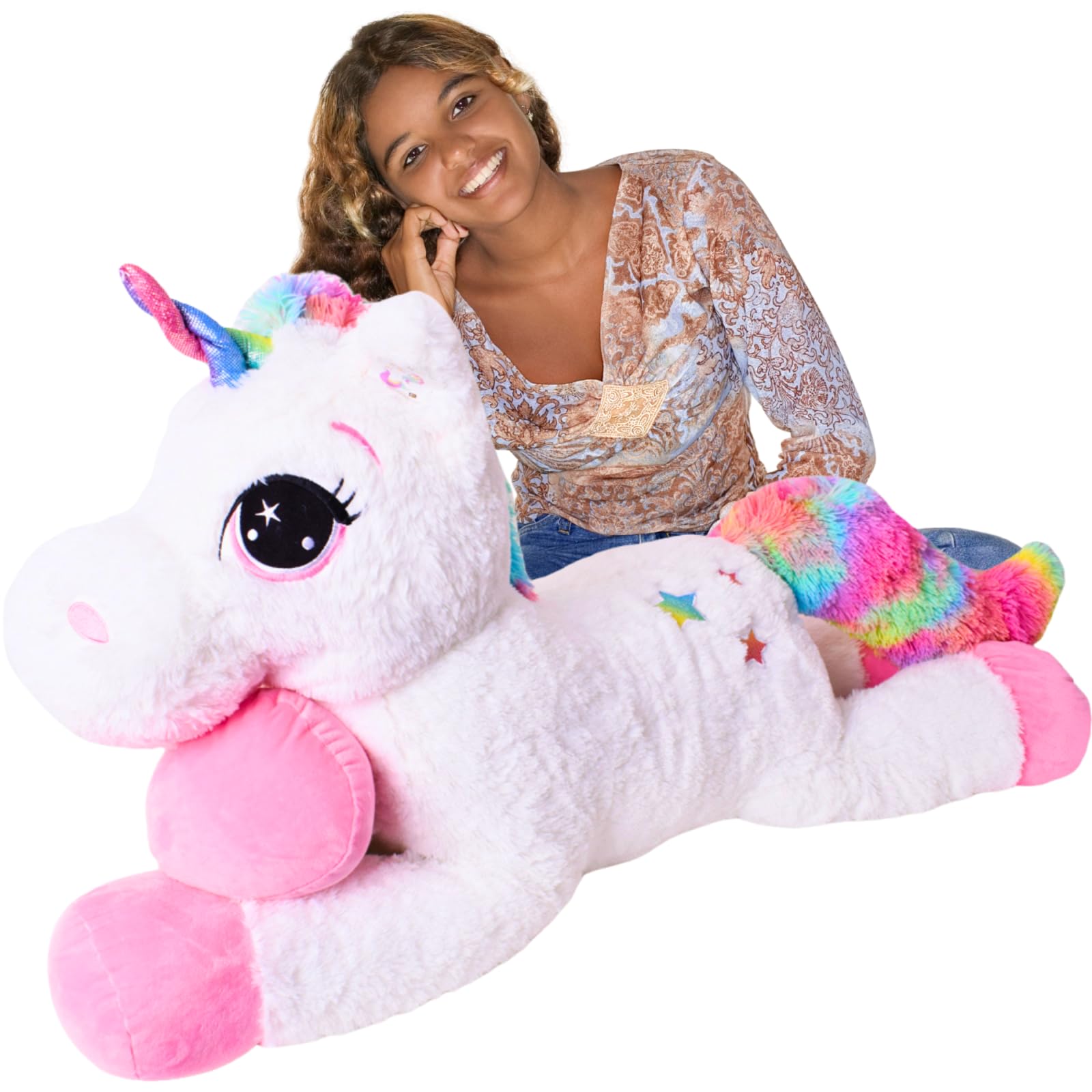 TE-Trend XXL Einhorn Kuscheltier 110cm Weiß mit Regenbogen Schweif und Horn, unser Liebevolles Plüschtier ist der Kuscheltraum für Kinder