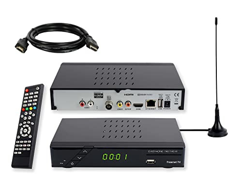Set-ONE EasyOne 740 HD DVB-T2 Receiver inkl. 3 Monate gratis Freenet TV (Private Sender in HD), PVR Ready, 1080p, HDMI, LAN, Mediaplayer, HBBTV, USB 2.0, 12V tauglich, 2m HDMI Kabel, DVB-T2 Antenne