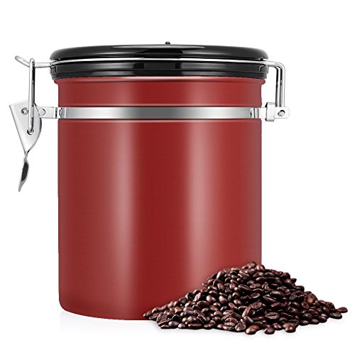 Zerodis 1.5L Kaffeedose Luftdicht Edelstahl mit Deckel und Aromaverschluss Kaffeebohne Behälter für Kaffeebohnen Kaffeepulver Tee Kakao Nahrungsmittel(Weinrot)