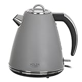 Adler AD 1343 Elektrischer Wasserkocher aus Metall 1,5 L 2200W Retro Design Strix Sicherheitskontrollsystem Wasserstandsanzeige Edelstahlgehäuse 360° Basis (Grau)