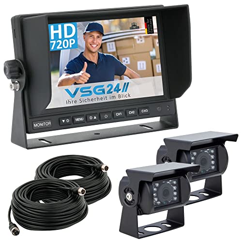 VSG24 Rückfahrkamera 7" Starter LKW-Set inkl. 2 Kameras mit HD-Auflösung RVS-24503, Monitor, Kabel & Fernbedienung – Wasserdicht Nachtsicht 12V-24V / Robustes Rückfahrsystem