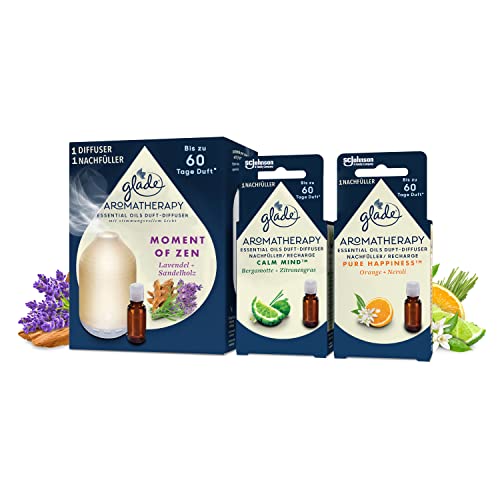 Glade Aromatherapy Essential Oils Duft-Diffuser inkl. 3 Nachfüller, Moment of Zen, Calm Mind, Pure Happiness, (3x17,4ml)
