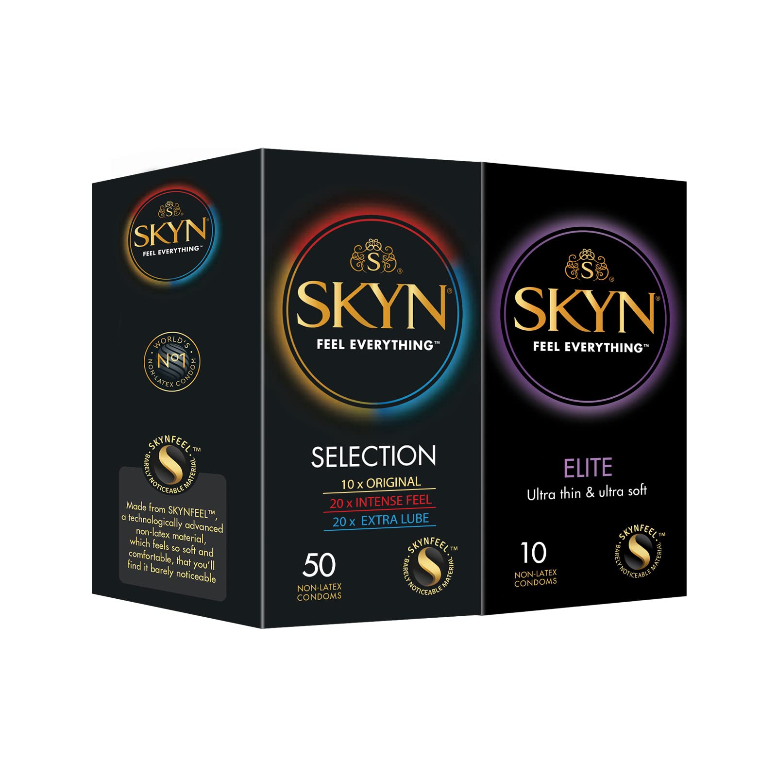 SKYN Selection Sortenbox Set Kondome (50 Stück) & Elite Kondome (10 Stück) | Vielfalt Packet mit 10 Original, 20 Intense Feel & 20 Extra Lube Kondome, Dünne Kondome, verwendbar mit unsere Lubes