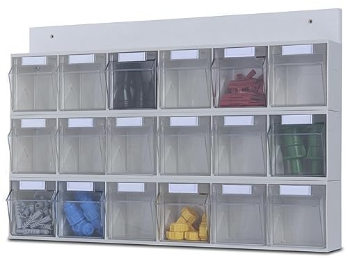 hünersdorff MultiStore Wand-Set: Regalsystem aus Rückwand & 18 Klarsichtbehälter mit Kippschublade (MultiStore Riegel Nr. 6) aus Polystyrol