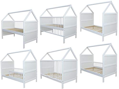 Babybett Kinderbett Juniorbett Bett Haus 140x70cm massiv weiss 0 bis 6 Jahren