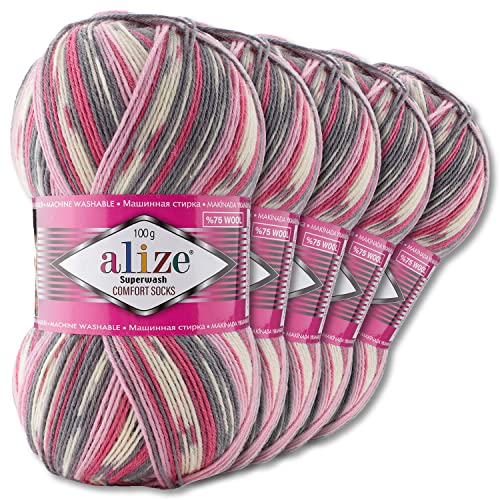 Wohnkult Alize 5x100g Superwash Comfort Sockenwolle 33 Farben zur Auswahl EIN-/Mehrfarbig (7707)