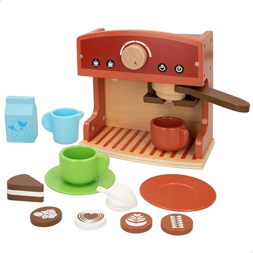 WOOMAX, Holz-Kaffeemaschine Spielzeug, 12 Zubehör, Haushaltsgerät, Kaffeemaschine, Küche Zubehör, Lernspiele, Spielzeug Kinder 2 Jahre, Geschenke Geburtstag Kinder (47599)