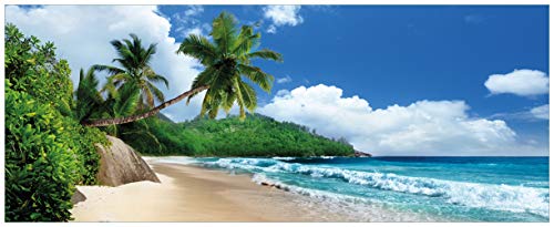 Wallario Glasbild Urlaub auf den Seychellen unter Palmen am Sandstrand - 50 x 125 cm in Premium-Qualität: Brillante Farben, freischwebende Optik