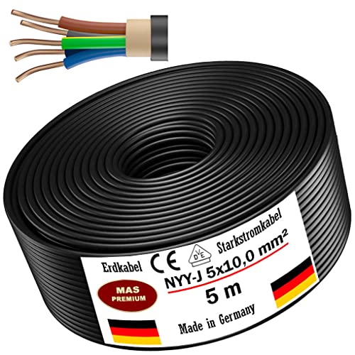 MAS-Premium Erdkabel - Starkstromkabel - Aussenkabel - Elektrokabel - Kabelring zur Verlegung im Freien und Erdreich - Stromkabel - Made in Germany - Schwarz - (NYY-J 5x10 mm², 5m)