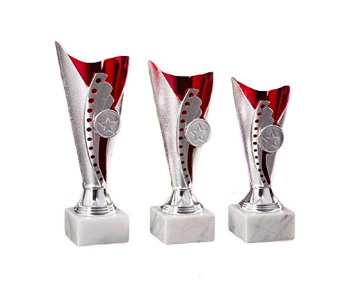RaRu 3er-Serie Pokale (Silber/rot) mit Wunschgravur und 3 Anstecknadeln (Sticker) (Volleyball)