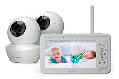 Babysense Baby Monitor mit 5" HD Split-Screen, Babyphone mit 2 HD-Kameras, Fernbedienung PTZ, Nachtlicht, 300m Reichweite, Zwei-Wege-Audio, 4-facher Zoom, 4000mAh Akku