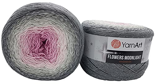 YarnArt Flowers 520 Gramm Bobbel Wolle mit Glitzer und Farbverlauf, 53% Baumwolle, Bobble Strickwolle Mehrfarbig (grau weiss rosa 3293)