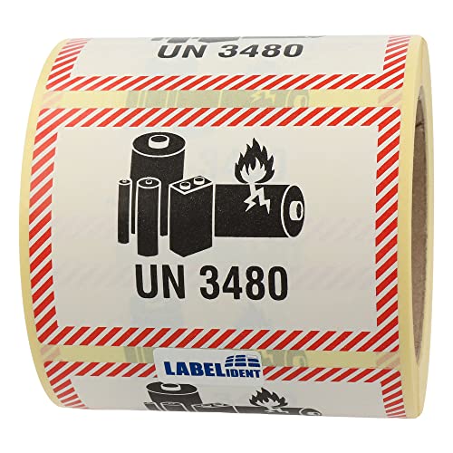 Labelident Transportaufkleber - enthält Lithium Ionen Batterien UN 3480-100 x 70 mm - 500 Verpackungskennzeichen auf 76 mm (3 Zoll) Rolle, Papier selbstklebend