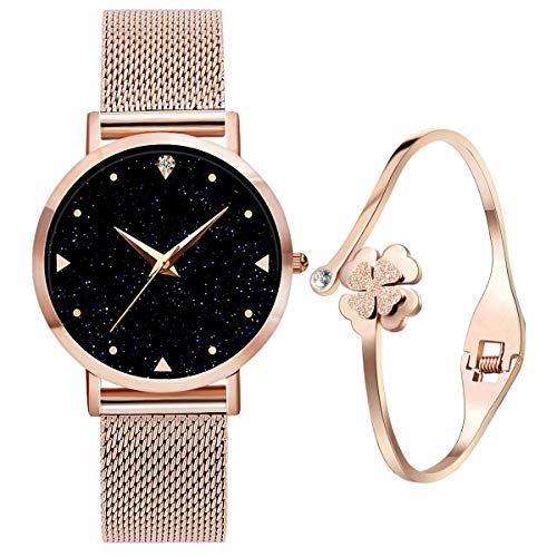 UEOTO Damen Uhr Analog Quarz Armbanduhr mit Roségold Edelstahl Milanese Armband, 3ATM Wasserdicht Damenuhren mit Blau Sternenhimmel-Zifferblatt für Frauen