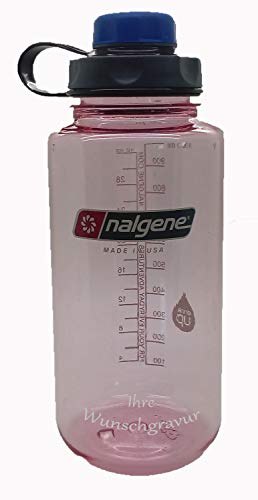 Nalgene Flasche 'Everyday Weithals' - 1 L mit 'capCAP'-Deckel (Clear pink, mit Namensgravur, Deckel blau)