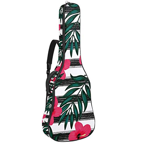 Gitarren-Gigbag, wasserdicht, Reißverschluss, weich, für Bassgitarre, Akustik- und klassische Folk-Gitarre, Tropische Blätter, rote Blumen, schwarze Streifen