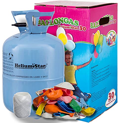 HeliumStar® Helium Einwegflasche mit Ballongas inkl. 30 bunte Latexballons (Ø 25cm) + weißes Polyband! 250 Liter Helium für Luftballons in Heliumflasche - Ballongas reicht für alle 30 Ballons