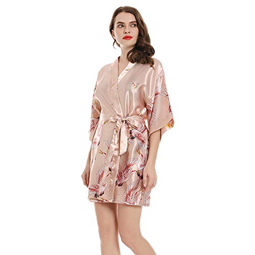 Damen Kimono Roben Morgenmantel Damen Morgenmantel Nachthemd Kleid Imitation Seide Roben V-Ausschnitt Soft Print Bademantel Pyjama 008-L