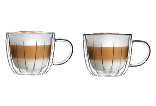 Vialli Design Set 2 x Thermogläser Doppelwandig mit Henkel 350 ml, Gläser für Latte Macchiato, Cappuccino, Tulip Kollektion, Kaffeetassen, Kaffeegläser, Hitzebeständiges Glas, Transparente