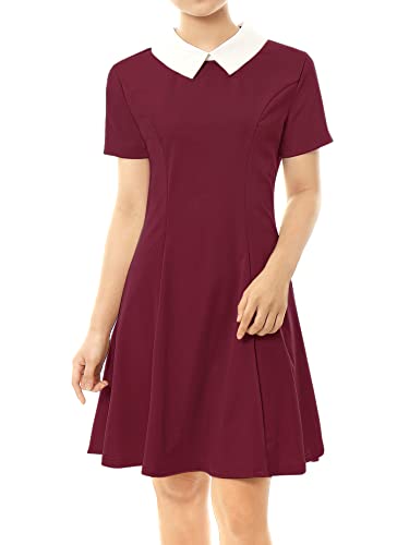 Allegra K Damen A Linie Kurzarm Panel Bubikragen Minikleid Kleid Rot M(EU 40)