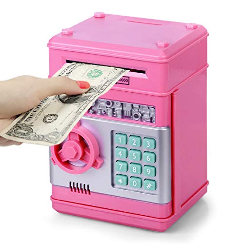Highttoy Kinder Sparschwein für 3-12 Jahre, Geld sicher für Mädchen Kinder Elektronischer Geldautomat Geldbank Sparschwein Geldsparbox Sicheres Münzfach Spielzeug Rosa