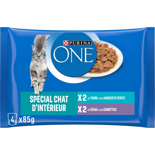 Purina One Schliff in Sauce, Mahlzeit für ausgewachsene Katzen, Kalb + Thunfisch, 12 (4 x 85 g)