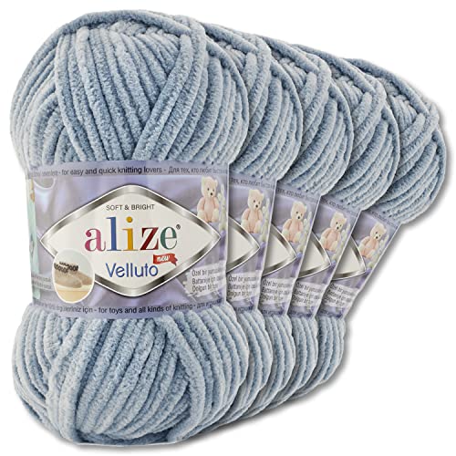 Wohnkult Alize 5x100 g Velluto Premium Wolle 30 Auswahl Chenillegarn Samtwolle Amigurumi Decken Accessore Kleidung DIY (428 | Mittelgrau)