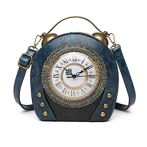 Real Working Clock Handtaschen Geldbörse Antik Steampunk Schultertasche PU Messenger Bag, blau