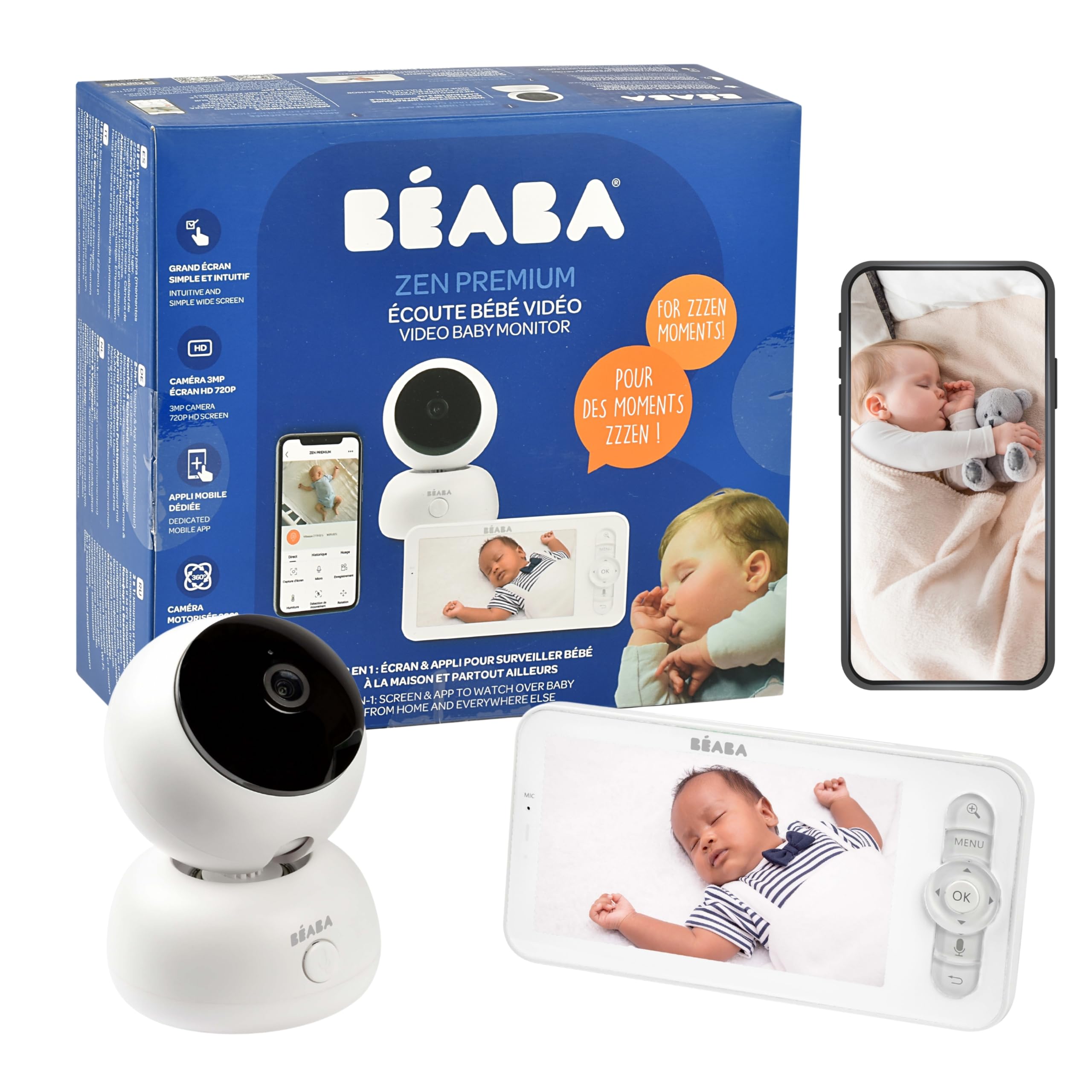 BÉABA, Babyphone Video 2 in 1, Display und spezielle Handy-App, HD-Kamera, 360° drehbar, Nachtsicht, Walkie Talkie, Schlaflieder, Temperatur- und Feuchtigkeitskontrolle, Zen Premium