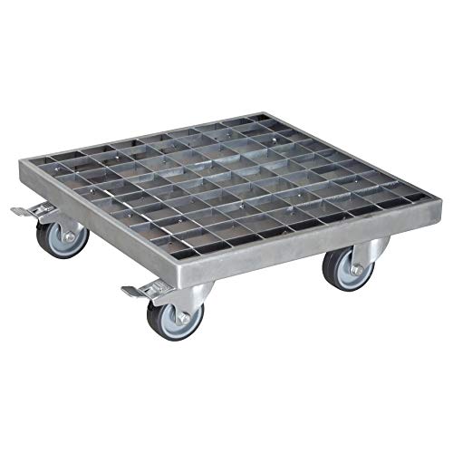 WAGNER Pflanzenroller Industrial Style 29 x 29 x 9,5 cm I Blumenroller für Innenbereich + Außenbereich I Kübelroller aus verzinktem Stahl Gitterrost, Silber I Tragkraft 200 kg - 20701501