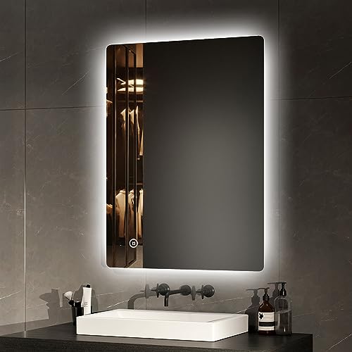 EMKE LED Badspiegel mit Beleuchtung 80x60cm Badezimmerspiegel kaltweiß Lichtspiegel Wandspiegel mit Touchschalter + Beschlagfrei IP44 energiesparend