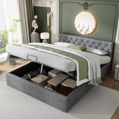 Bett mit Bettkasten Samt-Stoff Polsterbett Lattenrost Doppelbett Stauraum Holzfuß, 140 x 200cm (Grau)