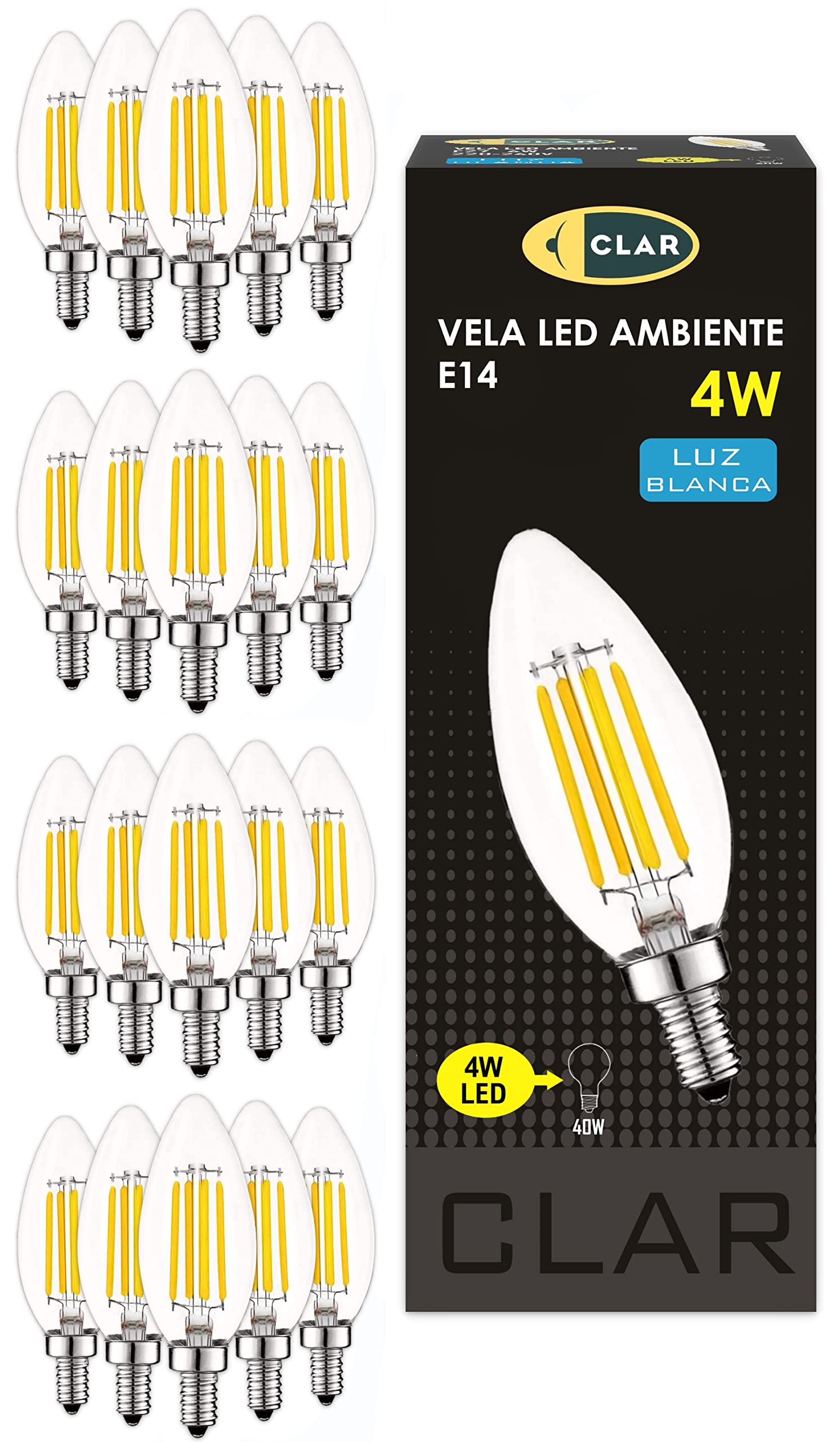 CLAR - 4W LED-Glühbirne mit Glühfaden, E14 LED-Glühbirne (entspricht 40W), E14 LED-Glühbirne, E14 LED-Glühlampe, 4W Kerze mit neutralem Licht 3000ºK (Pack 20)