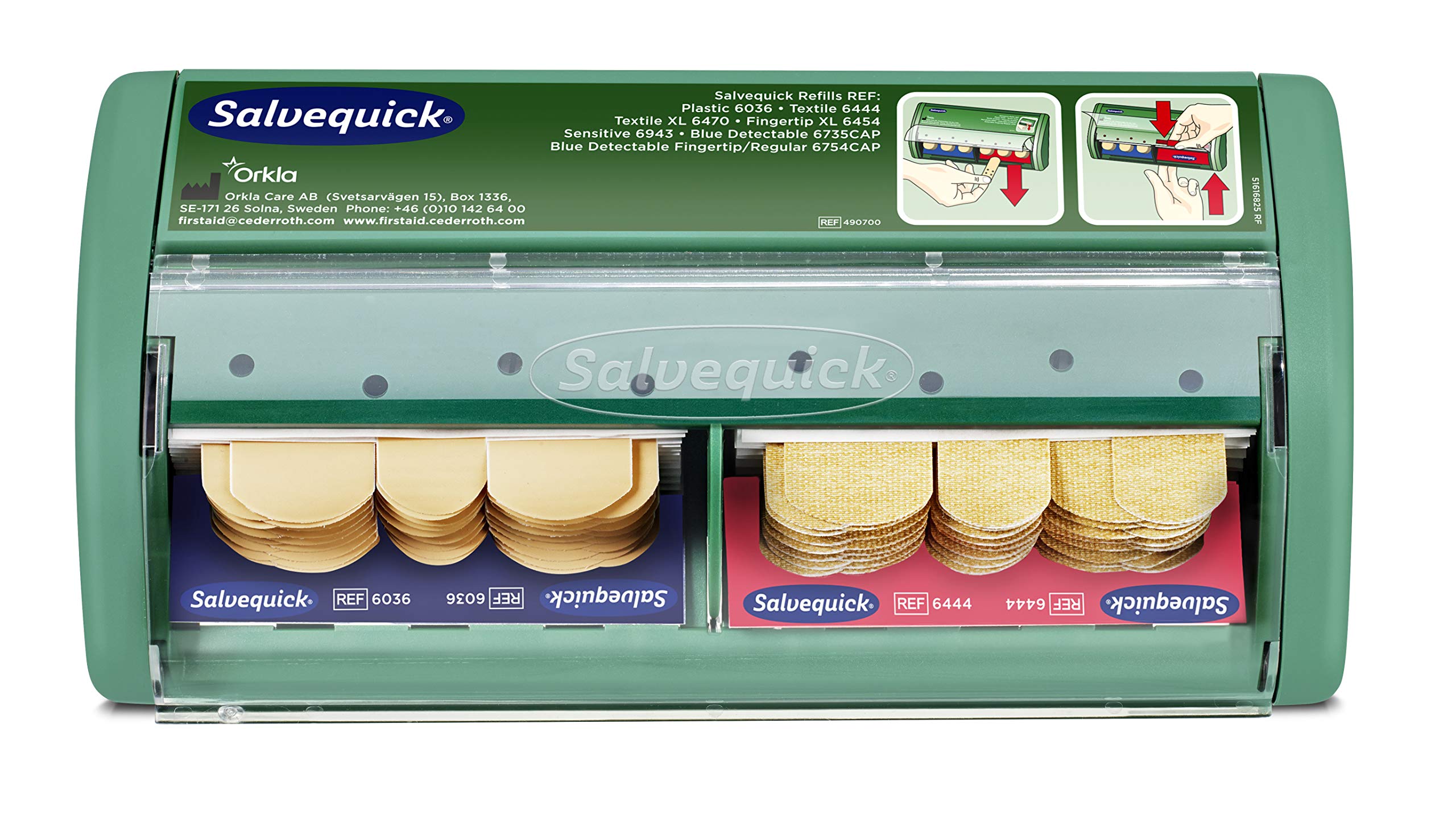 Salvequick® | Spender für Klebebänder, die die Pflaster vor Staub, Schmutz und Feuchtigkeit schützen Enthält Textilklebeputz x 40 + Kunststoffputzbandagen x 45
