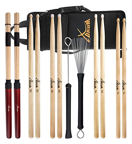 XDrum Drumstick Starter Set (Sticks, 5A Nylon, 5B Wood und Nylon, 7A Wood, Jazzbesen, Rods, inkl. Drumsticktasche)
