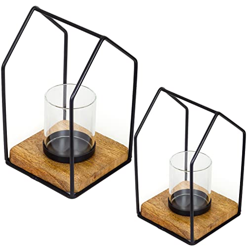 MARRAKESCH 2er Set Teelichthalter Lichthaus 20 & 25cm aus Metall Holz und Glas Windlicht Boie als Tischdeko