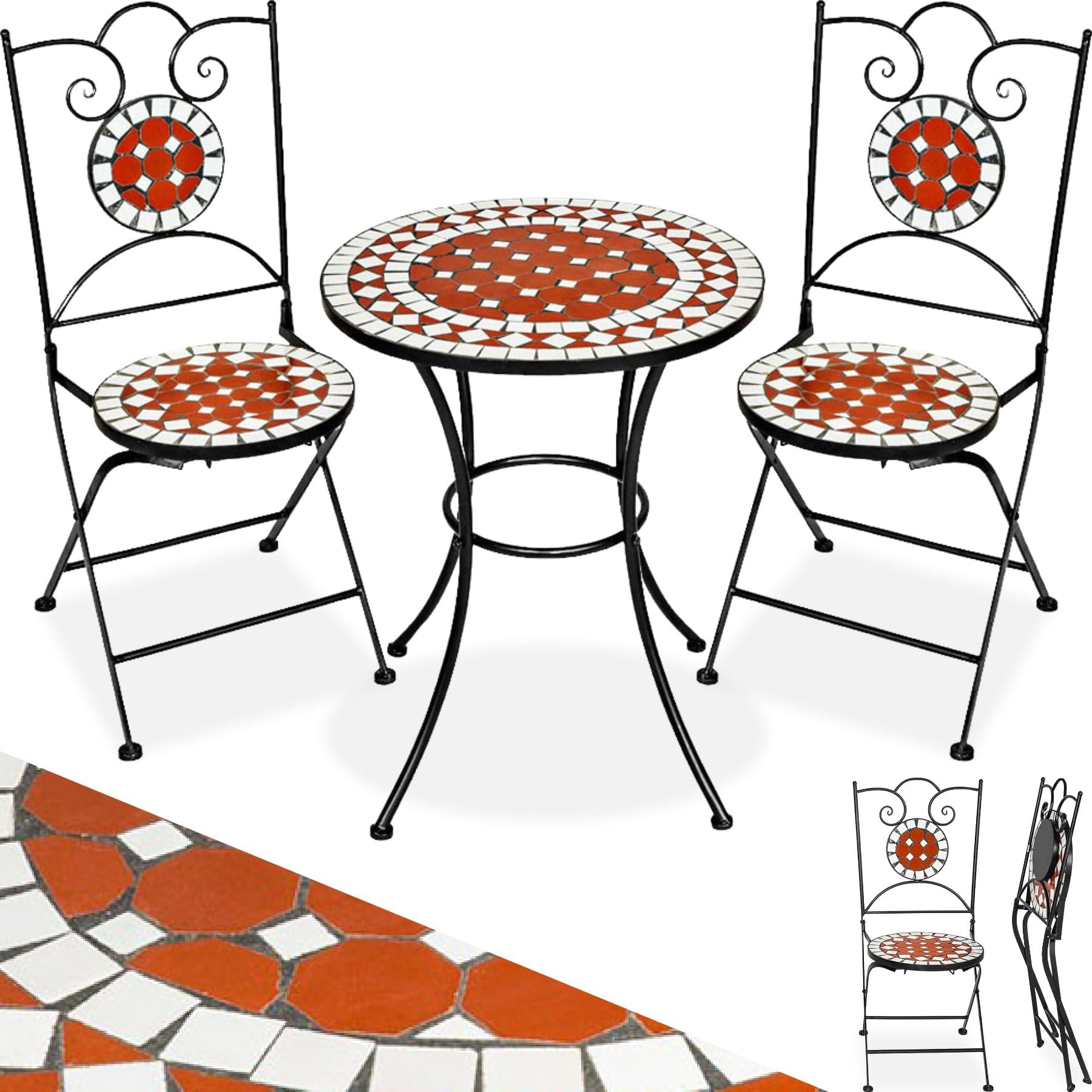 tectake® Terracotta Mosaik Bistroset, Beistelltisch rund mit 2X Stuhl, Balkonmöbel und Balkon Deko, Gartenmöbel, Terrassen Möbel Gartentisch mit Stühlen, wetterfest - braun