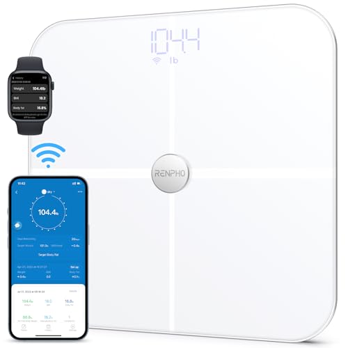 RENPHO WLAN-Smart-Waage mit Körperfettwaage, Bluetooth Personenwaage, Messung von Körperfett, Muskelmasse, BMI, Wasseranteil und 13 Körperwerte, App-Sync via Bluetooth oder WLAN
