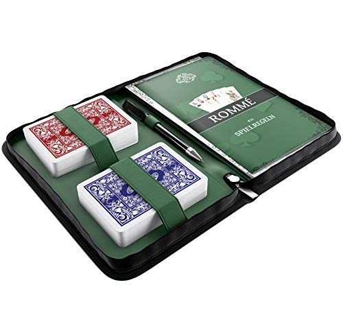 Bullets Playing Cards Rommé Set in Kunstleder-Etui, inklusive Plastik Spielkarten, Spielregeln mit 15 Rommee-Varianten, Kurzregeln, Stift und Block