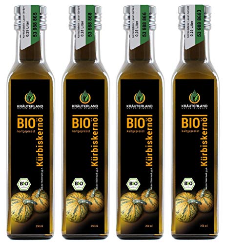 Kräuterland BIO Kürbiskernöl aus der Steiermark g.g.A., 1000ml, Bio-zertifiziert, kaltgepresst, 100% naturrein, vegan, Speiseöl in Gourmetküche(4x250ml)