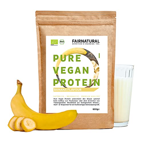Vegan Protein-Pulver BIO Banane ohne Soja [aus Deutschland] - 3K Bio Reis-, Hanfprotein & Erbsenprotein » Zum Backen & als Bio Eiweiß-Shake « 600g Veganes Bio Eiweißpulver