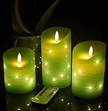 Grasgrüne LED-Kerze, eingebaute Sternenkette, 3 Kerzen, mit 11-Tasten-Fernbedienung, 24-Stunden-Timer, tanzende Flamme, Echtwachs, batteriebetrieben.