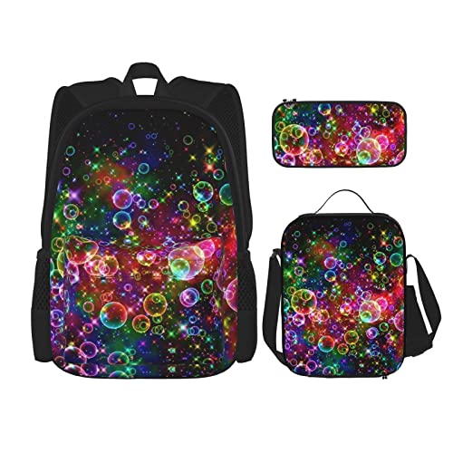 Lawenp Buntes Regenbogensterne-Schultaschen-Set mit DREI Kreuz-Lunch-Beutel-Bleistift-Beutel-Set Jungen- und Mädchen-Schultasche