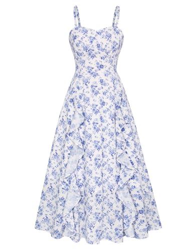 Belle Poque Damen Lässige Midikleider Ärmellose Vintage Kleider Slip Kleider Weiß-Blaue Blume XL
