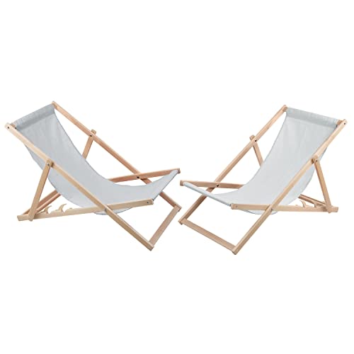 Woodok 2-er Liegestuhl Set aus Buchholz Strandstuhl zur Selbstmontage Sonnenliege Gartenliege für Strand, Garten, Balkon und Terrasse Liege Klappbar bis 120kg (Hellgrau)