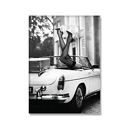 High Heels Classic Car Poster Schwarz Weiß Mode Leinwanddruck Malerei Moderne Kunst Fotografie Bilder Wohnzimmer Dekor 29,7 x 42 cm (11,7 x 16,5 Zoll) ungerahmt