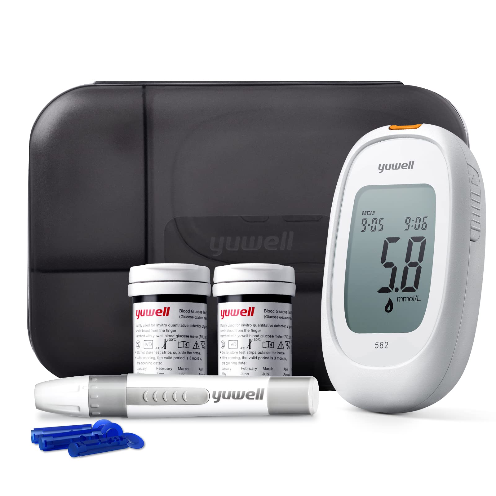 yuwell Blutzuckermessgerät Set mit Teststreifen x 50 und Lanzetten x 50, Diabetes Test ideal für den Heimgebrauch, Zuckermessgerät zur Selbstkontrolle des Blutzuckers bei Diabetes (Modell 582)